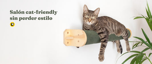 Gato descansando sobre Rulo Cleo con las patas colgando como una pantera en un árbol. Texto cabecera entrada de blog